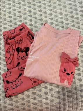 Women’s Pink Ribbed Bow Pocket Pajama Set